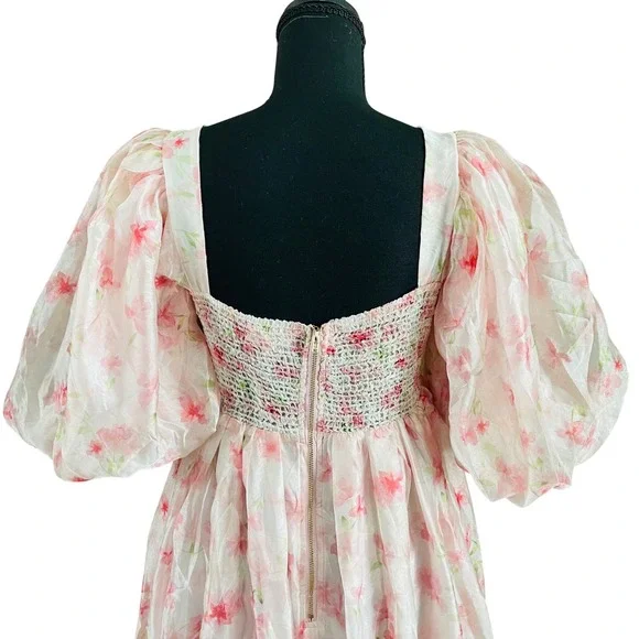 NWT Worth Collective Harlow Smocked Maxi Dress Puff Sleeve Pink Floral Chiffon S - Picture 7 of 12
